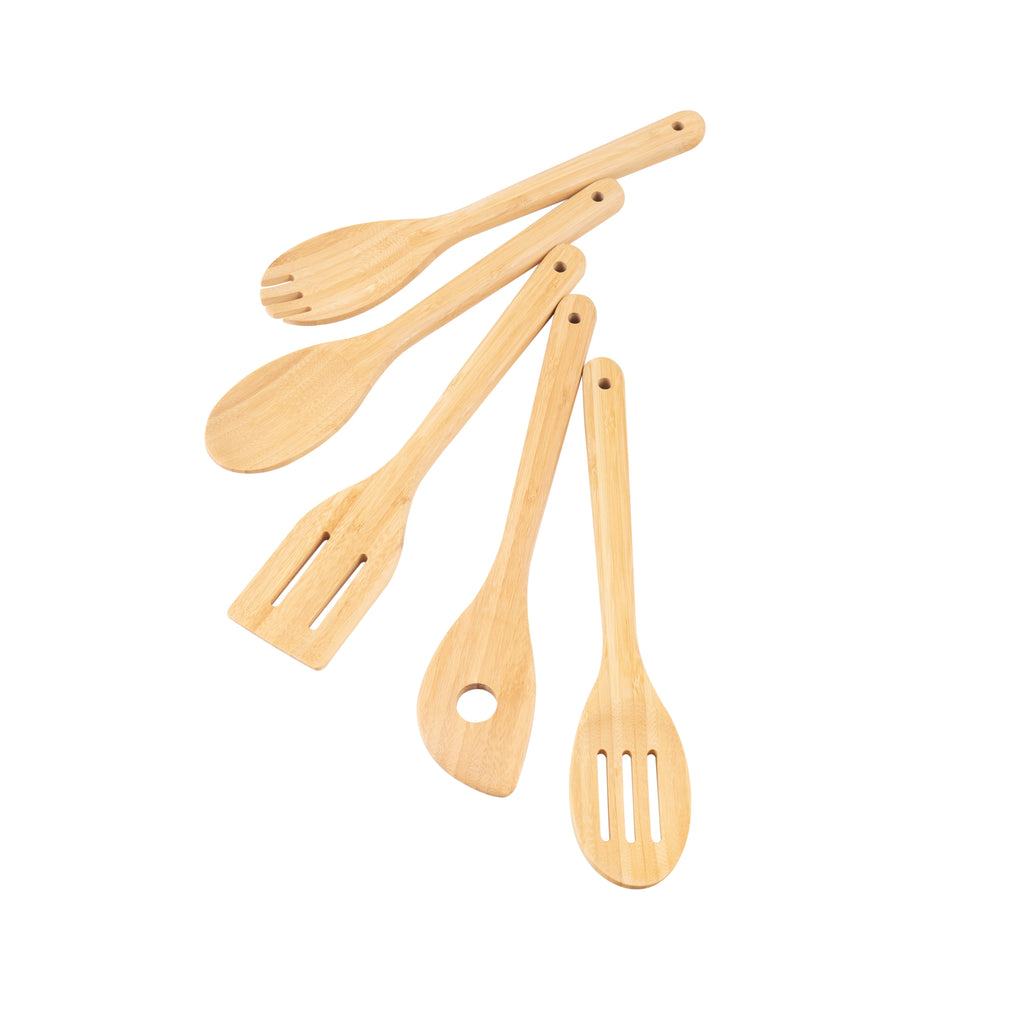 Non-Stick Safe 5pk Bamboo Spoons for Cooking, Kitchen Essential Tools Set - Durable Turner & Ladle Utensil Set for Home Chefs Detail