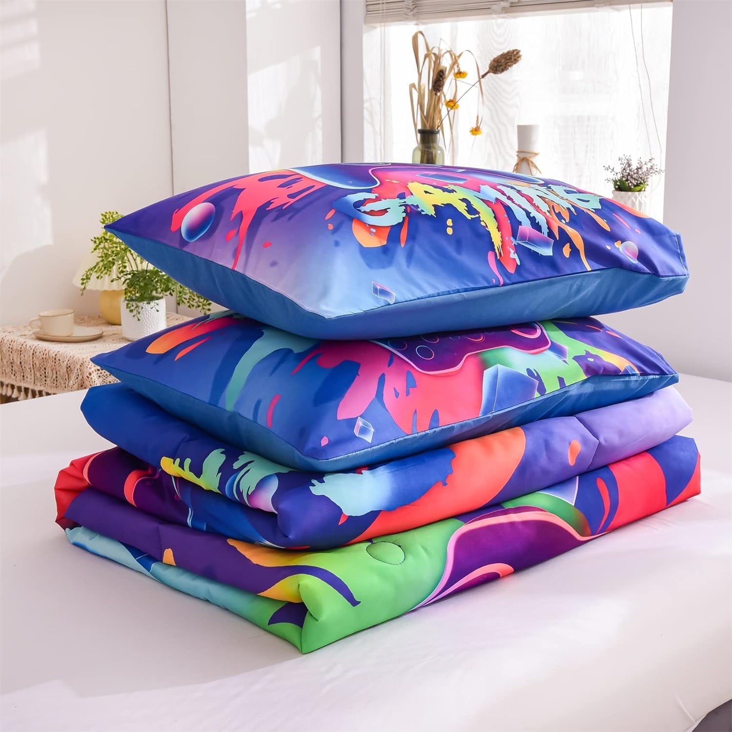 Hypoallergenic Cloud Purple Queen Gaming Comforter Sets for Boys Kids Bedding Sets Colorful Games Console Gamer Quilt Set - All-Season Down Alternative Comforter Insert Detail