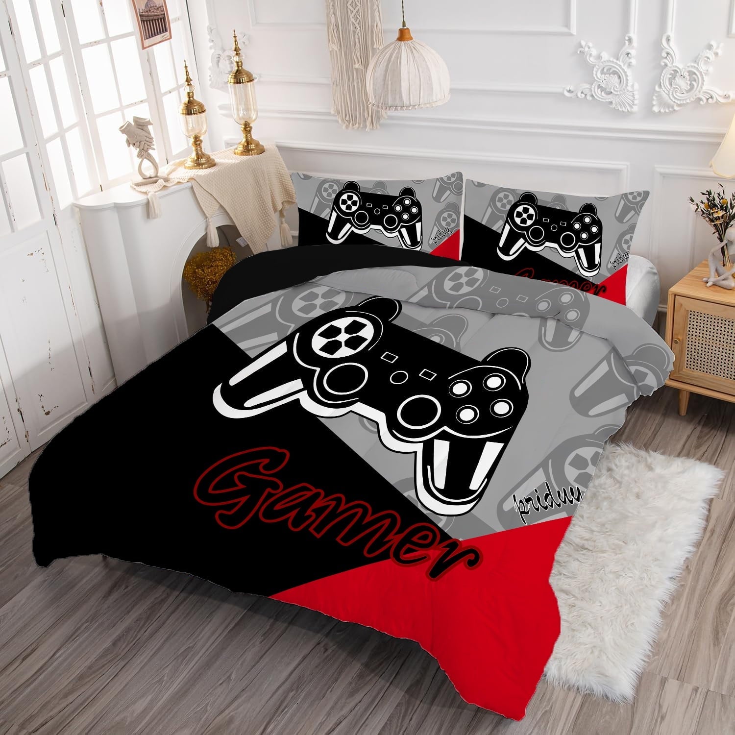 Luxurious Quilted Gaming Comforter for Kids Boys Teens Video Game Bedding Set Gamer Comforter Gamepad Comforter Set Full Size Red Black... - Luxurious Quilted Duvet Cover Set Detail