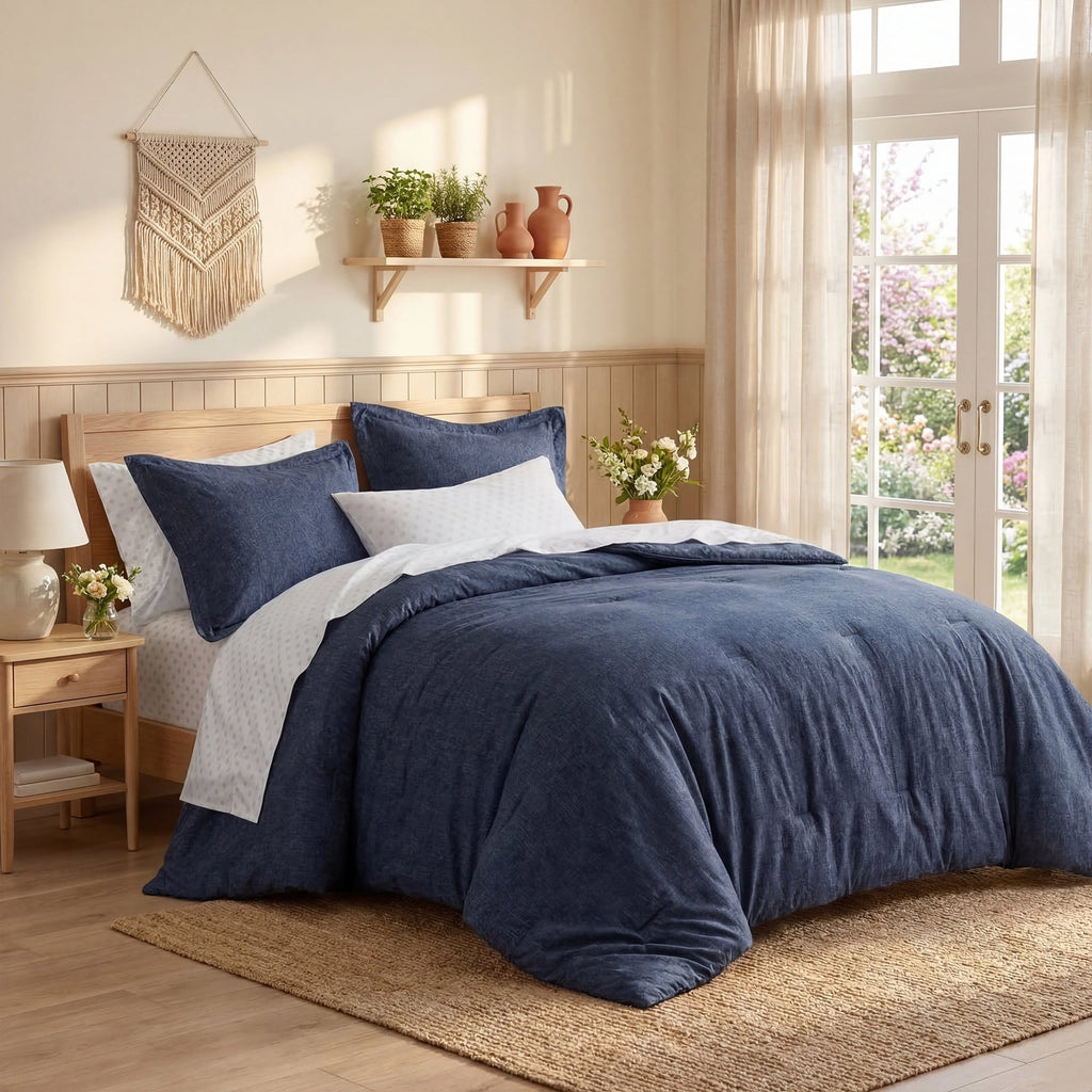 Heavyweight Warmth Queen Size Comforter Set, 7-Piece Reversible Bed in a Bag with Sheets, Navy - Hypoallergenic Ultra-Fluffy Quilt for Winter Detail