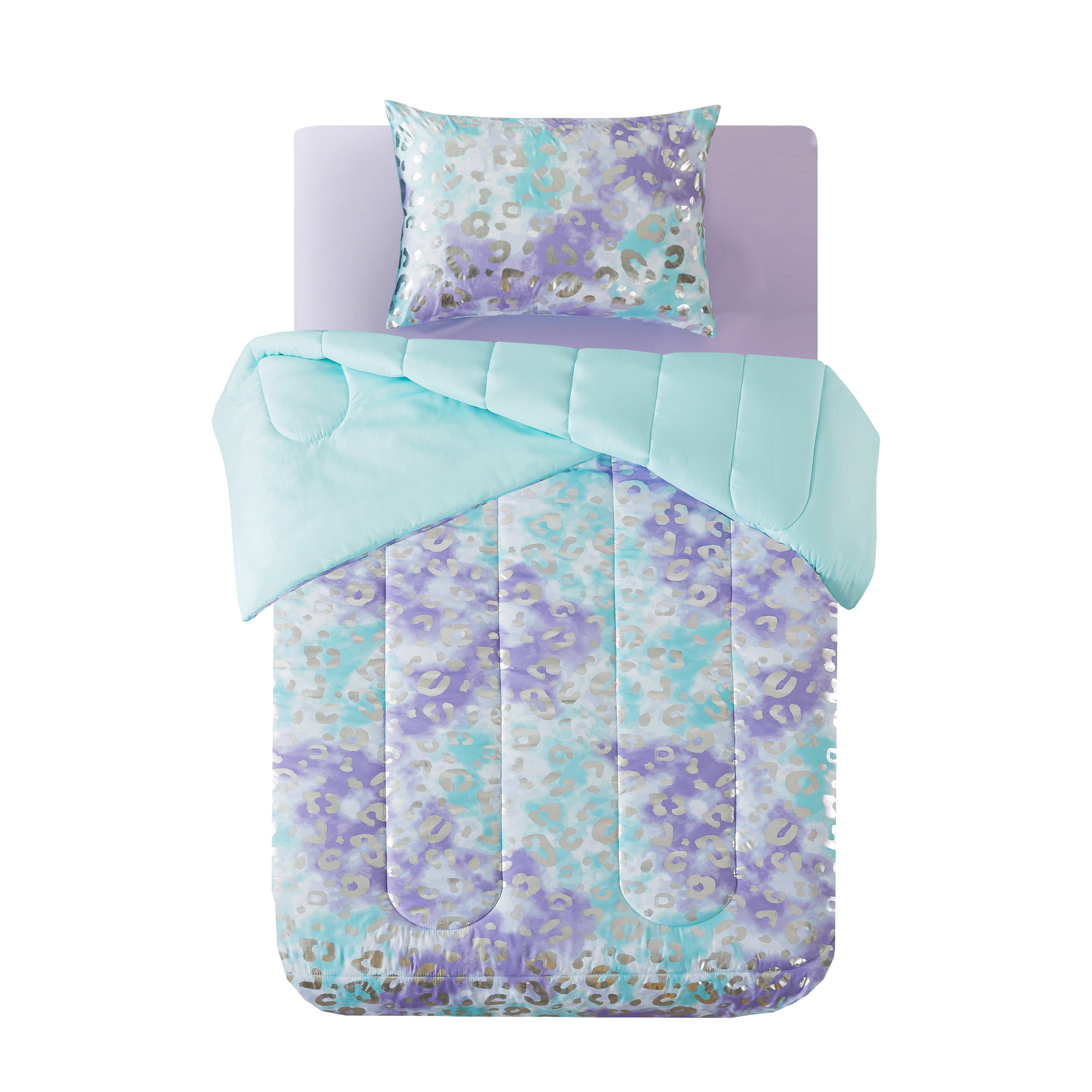 Heavyweight Warmth 5-Piece Purple Metallic Foil Cheetah Bedding Set for Kids with Storage Bag, Twin - Hypoallergenic Ultra-Fluffy Quilt for Winter Detail