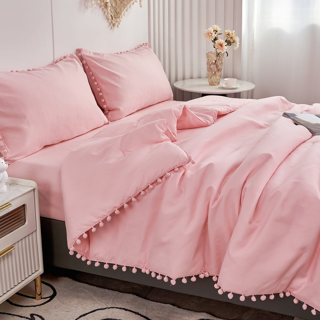 Fluffy Down Alternative Pink Full Size Comforter Set Pom Fringe 3 Pcs Boho Chic Cute Ball Pom Blush Bedding Set Cali Soft Lightweight Solid B... - Luxurious Quilted Duvet Cover Set Detail