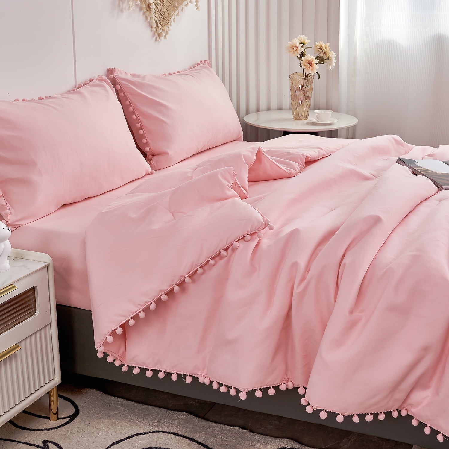 Fluffy Down Alternative Pink Full Size Comforter Set Pom Fringe 3 Pcs Boho Chic Cute Ball Pom Blush Bedding Set Cali Soft Lightweight Solid B... - Luxurious Quilted Duvet Cover Set Detail