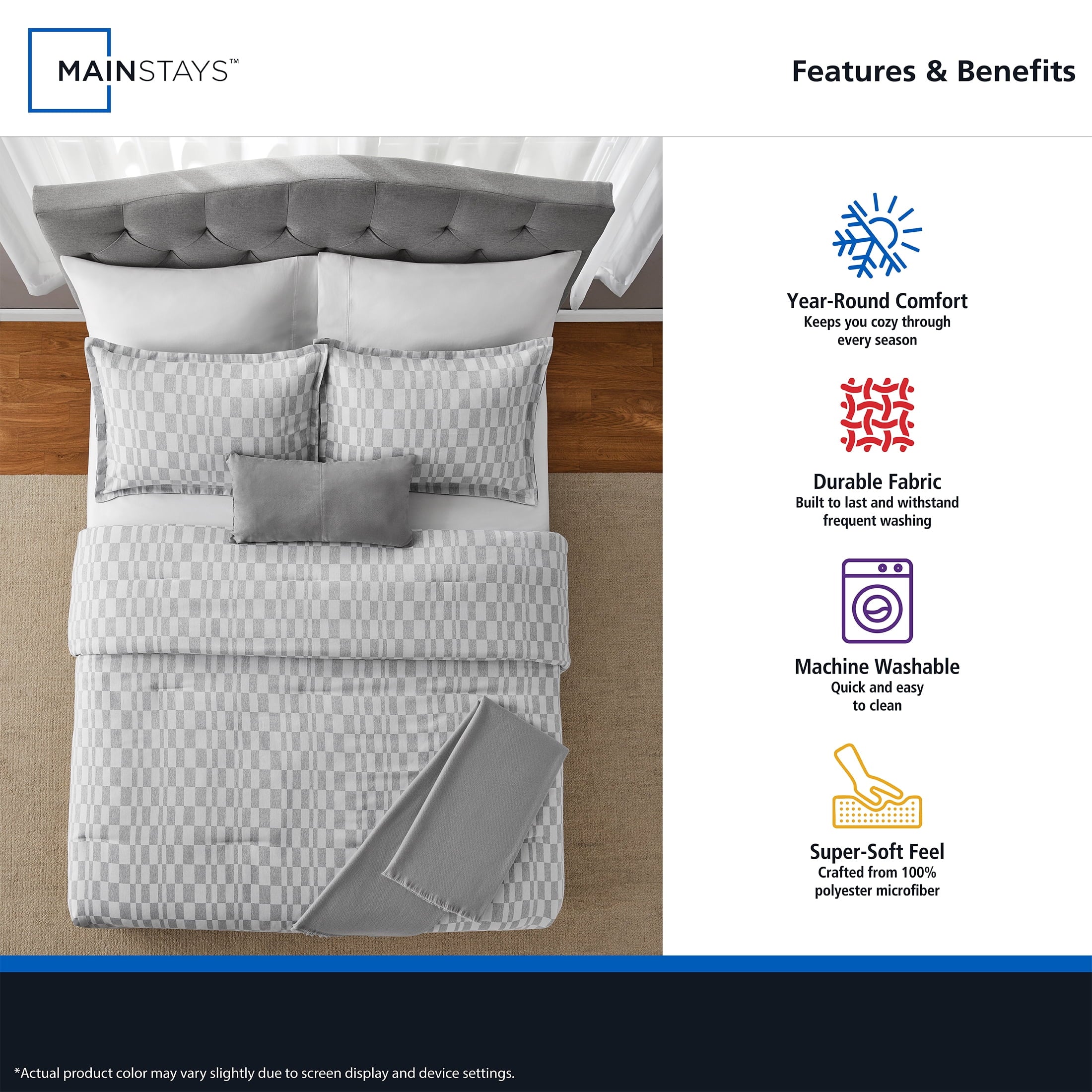 Heavyweight Warmth Full/Queen Comforter Set, All-Season, 5-Piece, Soft Silver Check - Cloud-Like Soft Lightweight Bed Comforter Detail