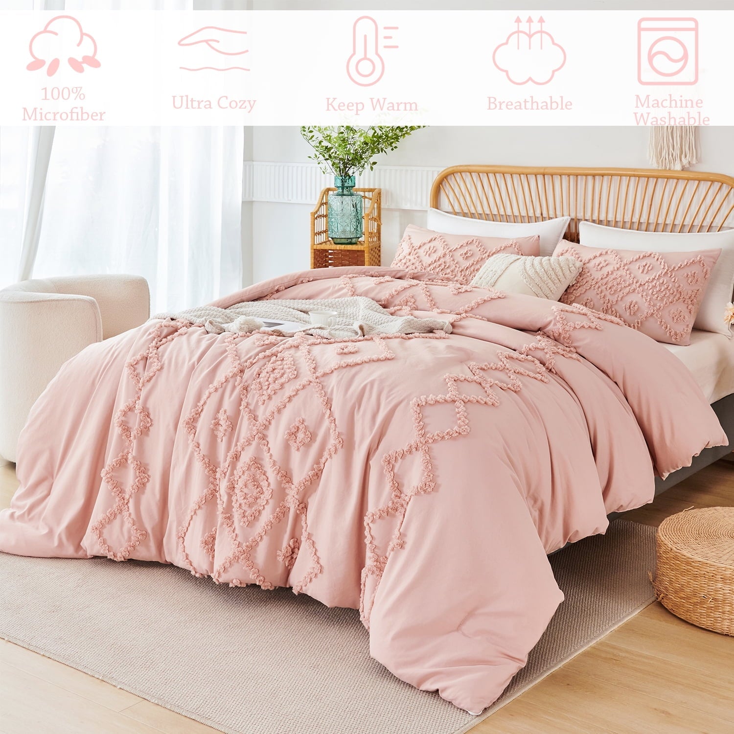 Heavyweight Warmth Pink Diamond Jacquard Comforter Set Queen 3 Pcs Bohemian Tufts Quilt Set for Kids Girls Adult 100% Soft Microfiber Be... - Hypoallergenic Ultra-Fluffy Quilt for Winter Detail