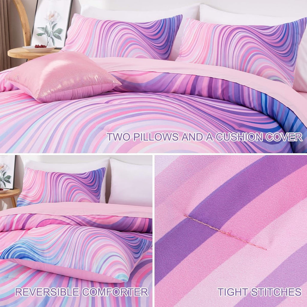 Luxurious Quilted 6 Pieces Gradient Star Ring Comforter Set, Colorful Glitter Rainbow Wave Stripes Pattern Bedding Set for Boys Girls T... - Hypoallergenic Ultra-Fluffy Quilt for Winter Detail