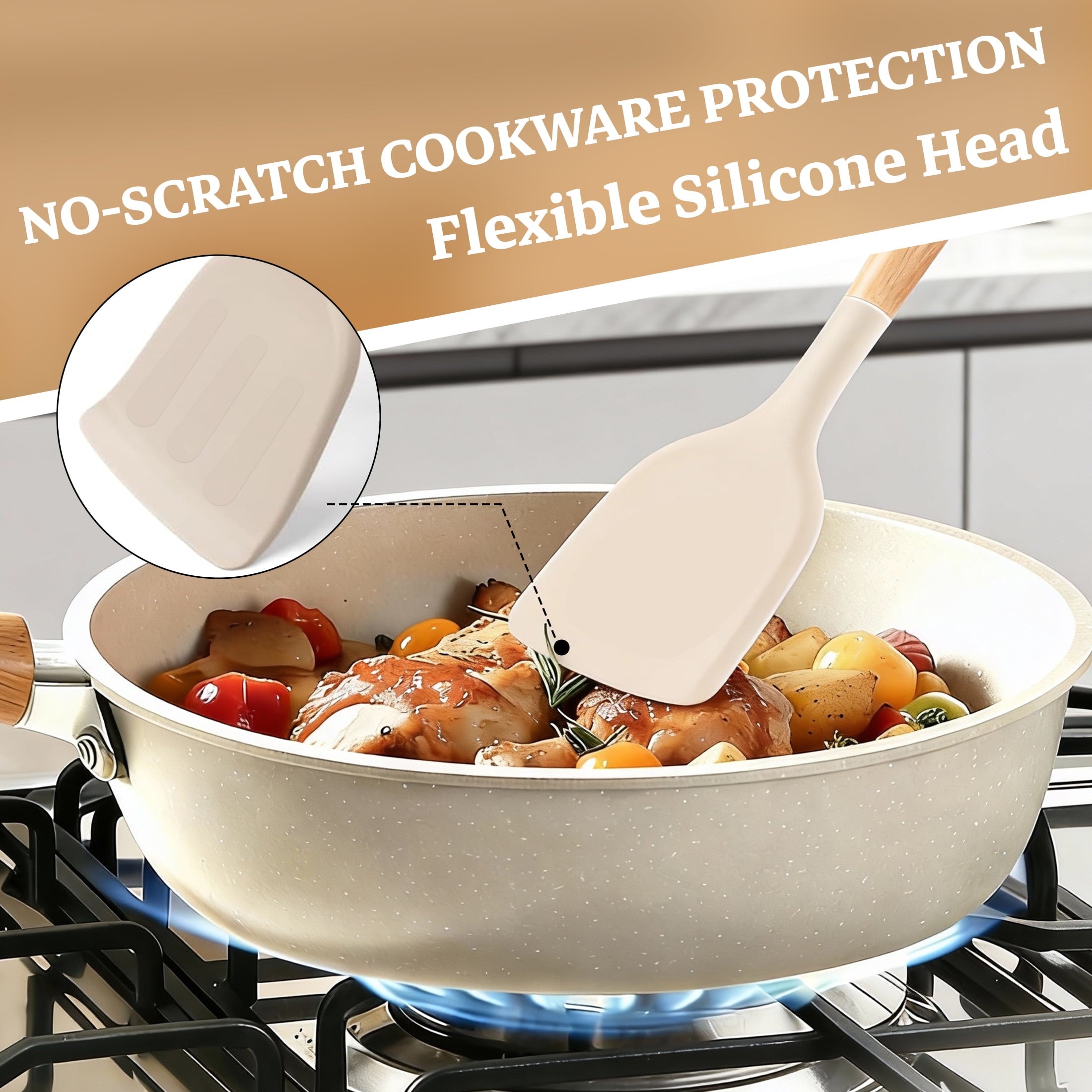 Heat-Resistant 14-Piece Silicone Cooking Utensils Set, Non-Stick Kitchen Utensil Set for Baking, Flipping, Mixing, White - Heat-Resistant Silicone Cooking Spatula Turner Detail