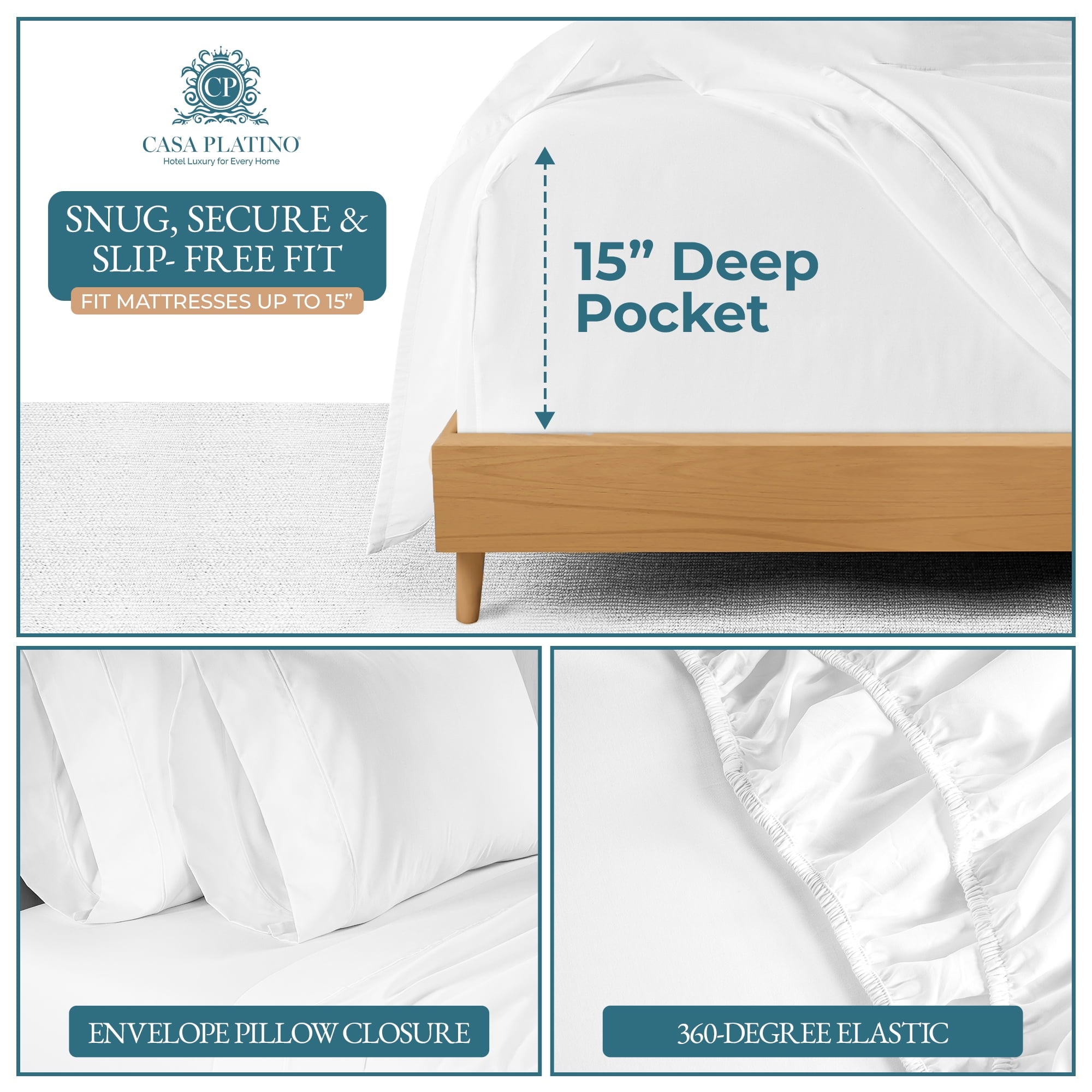 Cooling Sateen Bed Sheets Set – 6 Piece, 600 Thread Count, 100% Cotton Sheets, Hotel Luxury Sateen Finish, 15" Deep Pocket, Easy to ... - Luxury Bed Sheet Set with Deep Pockets Detail