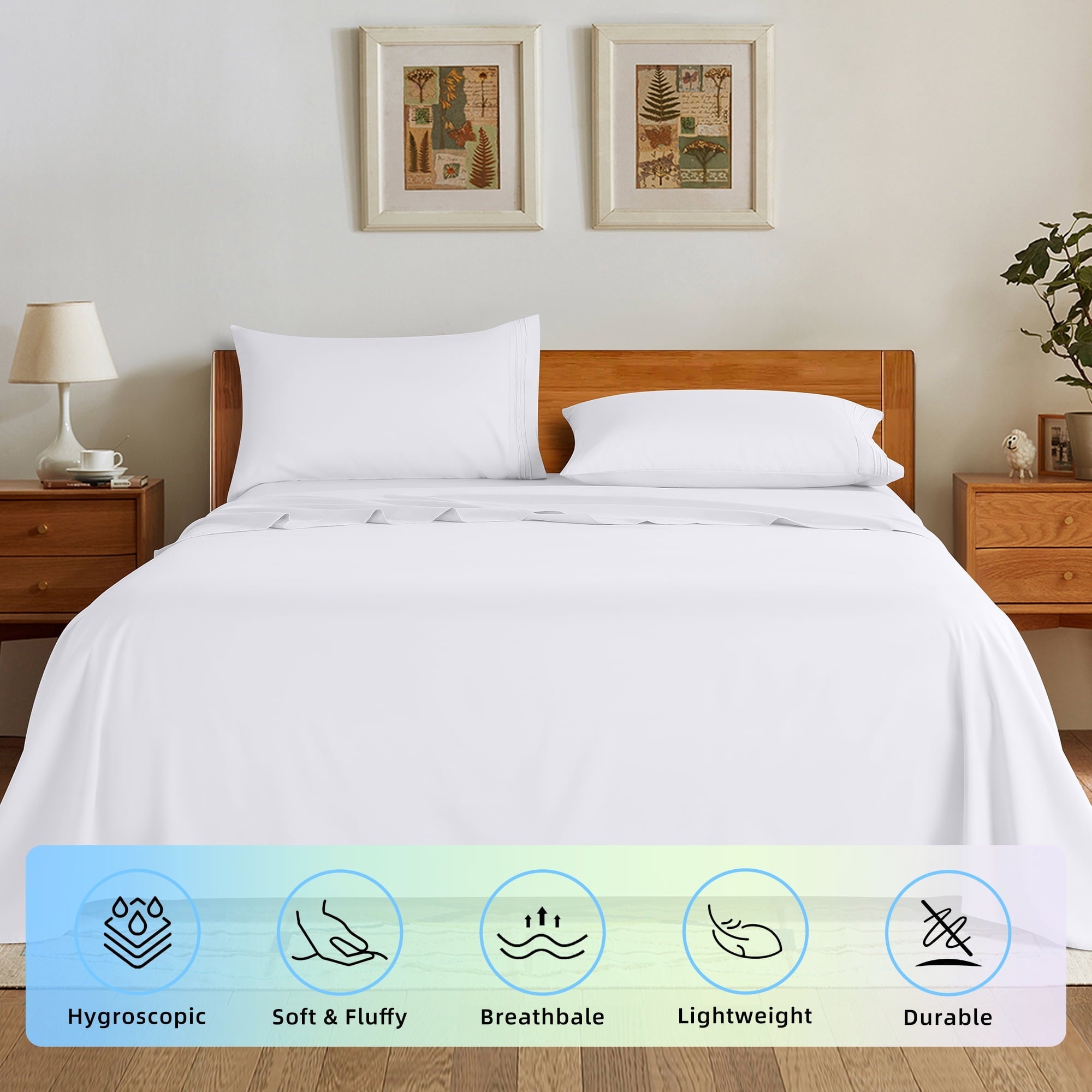 Ultra-Soft Bed Sheets Set, Microfiber Deep Pocket 4 Pieces Luxury Soft Sheet Set, Queen, White - Luxury Bed Sheet Set with Deep Pockets Detail