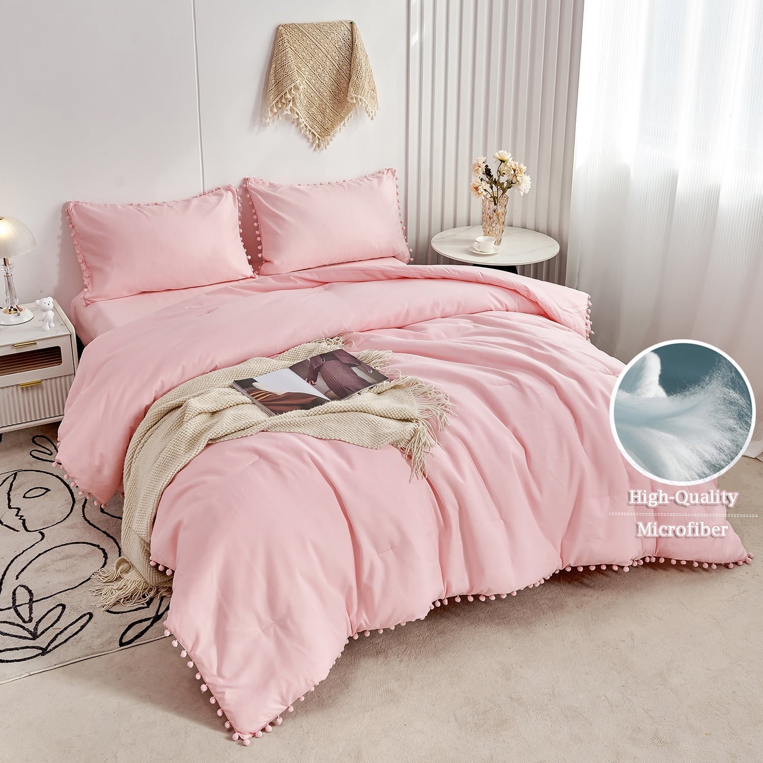 Fluffy Down Alternative Pink Full Size Comforter Set Pom Fringe 3 Pcs Boho Chic Cute Ball Pom Blush Bedding Set Cali Soft Lightweight Solid B... - Luxurious Quilted Duvet Cover Set Detail