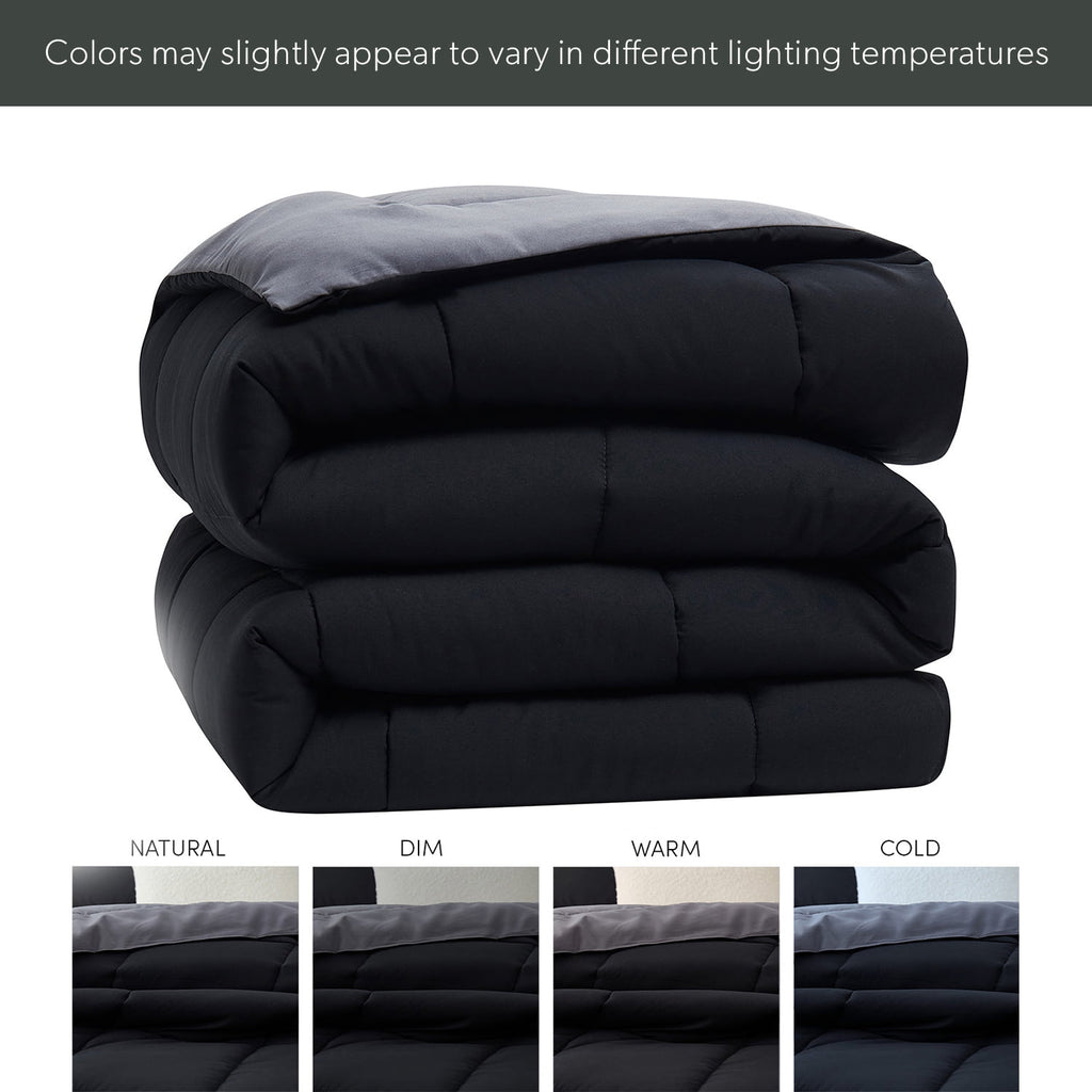 Heavyweight Warmth Queen Comforter Set, 3 Piece Bed in a Bag, Reversible Down Alternative Bedding Set, Black & Gray - Luxurious Quilted Duvet Cover Set Detail