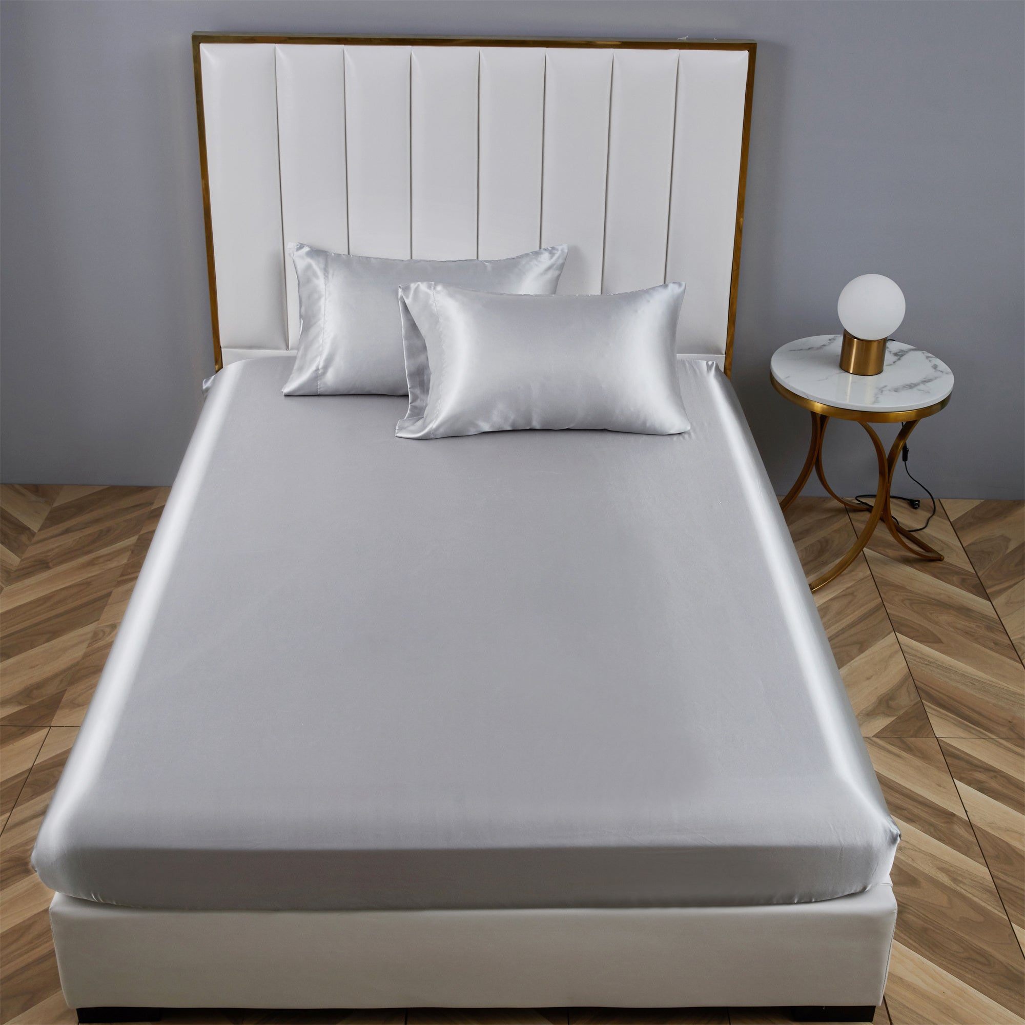 Premium Egyptian Cotton Satin Fitted Sheet King Size 14 Inch Deep Pocket Bed Sheet Silk Sheet Ultra Soft Machine Washable, Light Gray - Breathable Egyptian Cotton Flat & Fitted Sheets Detail
