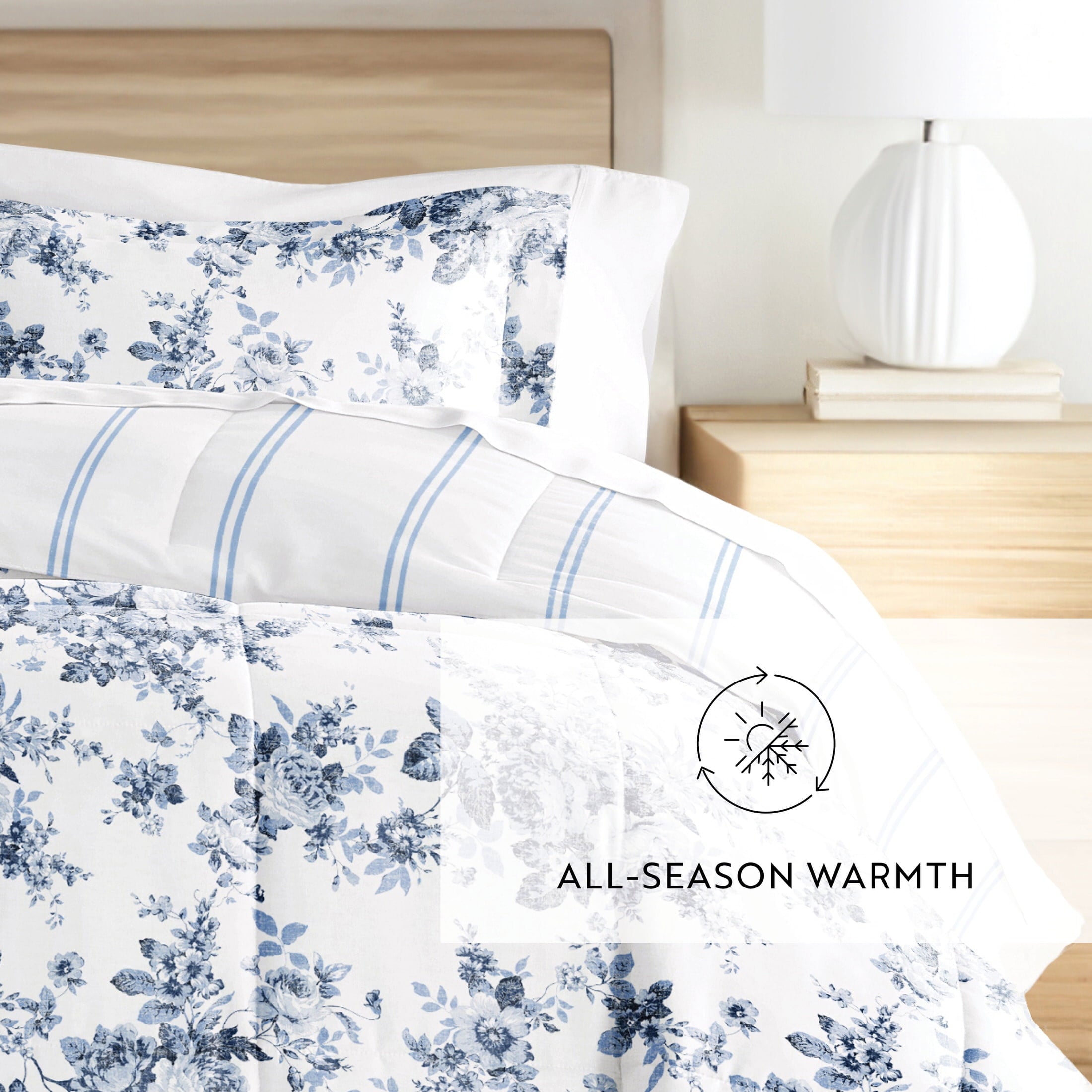 Hypoallergenic Cloud Down Alternative Cabbage Rose Stripe Stone Reversible Comforter Set - Luxurious Quilted Duvet Cover Set Detail