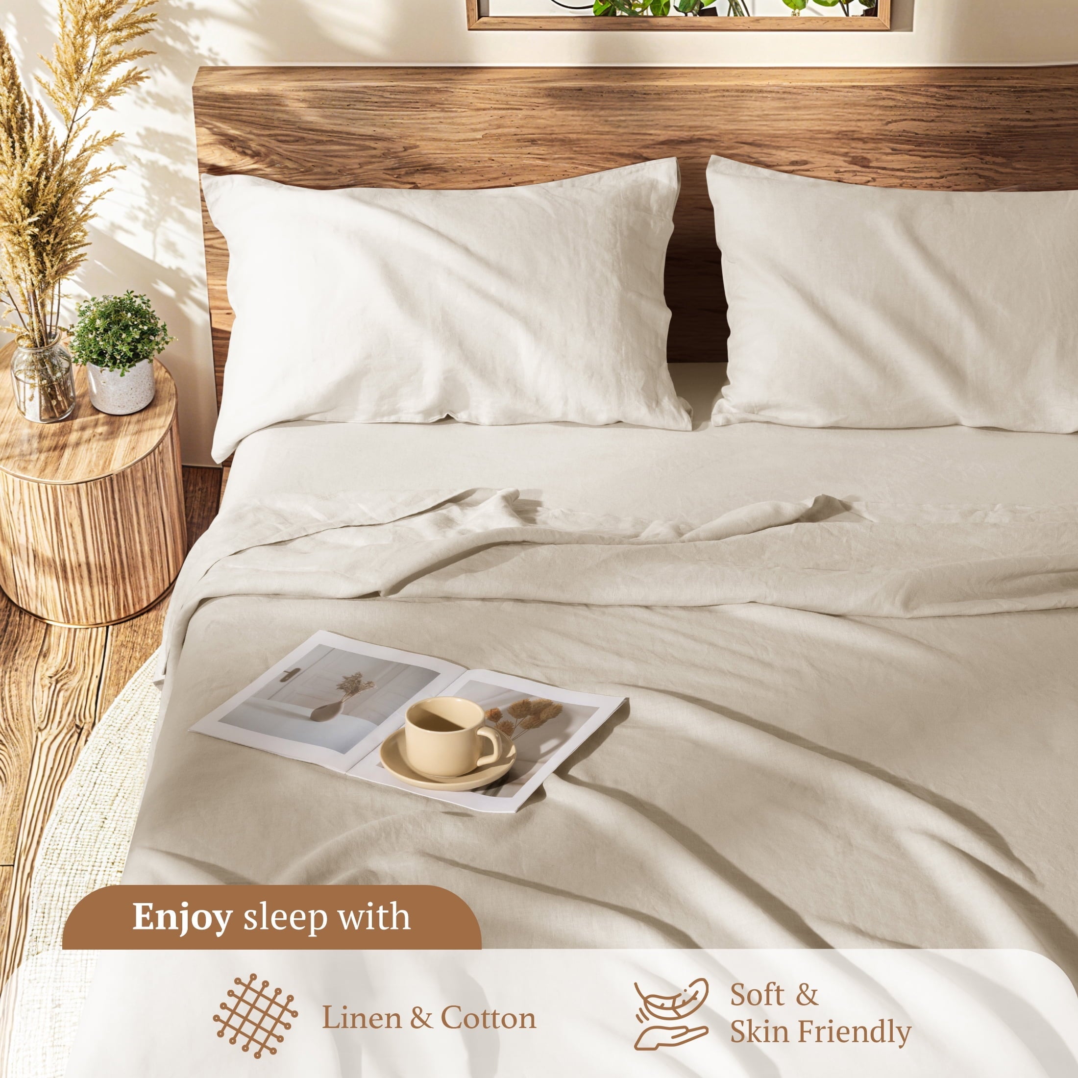 Breathable Luxury Natural Linen Cotton Bed Sheets Set, Deep Pocket - Breathable - Durable - 4 Pieces (Linen, Queen) - Cooling Hotel Quality Bedding Sheets and Pillowcases Detail