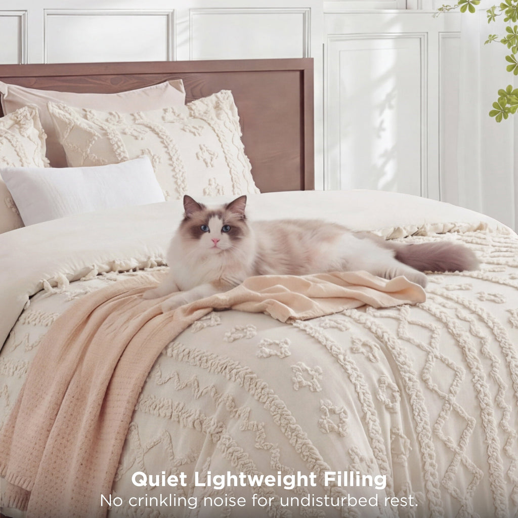 Fluffy Down Alternative Tufted Boho Comforter Set Queen, Beige, 3 Pieces Farmhouse Shabby Chic Embroidery Bedding Set, Soft Jacquard Comforte... - Cloud-Like Soft Lightweight Bed Comforter Detail