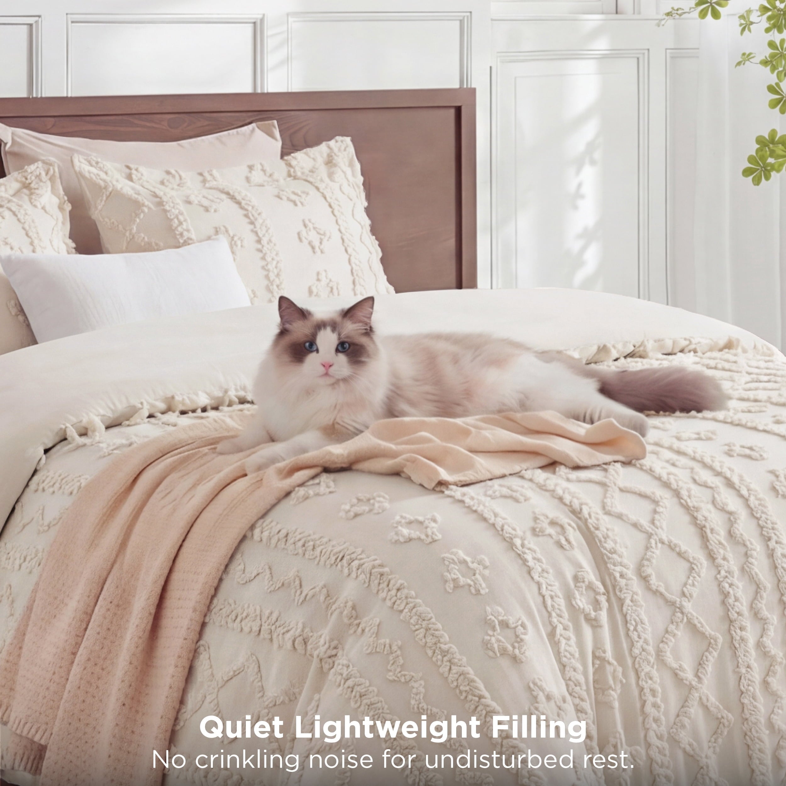 Fluffy Down Alternative Tufted Boho Comforter Set Queen, Beige, 3 Pieces Farmhouse Shabby Chic Embroidery Bedding Set, Soft Jacquard Comforte... - Cloud-Like Soft Lightweight Bed Comforter Detail
