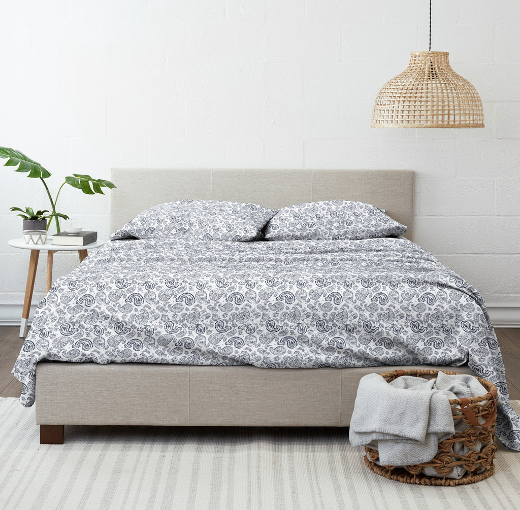 Cooling Sateen 4 Piece Pattern Microfiber Bed Sheets Set, Navy Coarse Paisley, Full - Premium Ultra-Soft Pillowcase Pair for Sleeping Detail