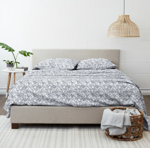 Cooling Sateen 4 Piece Pattern Microfiber Bed Sheets Set, Navy Coarse Paisley, Full - Premium Ultra-Soft Pillowcase Pair for Sleeping Detail