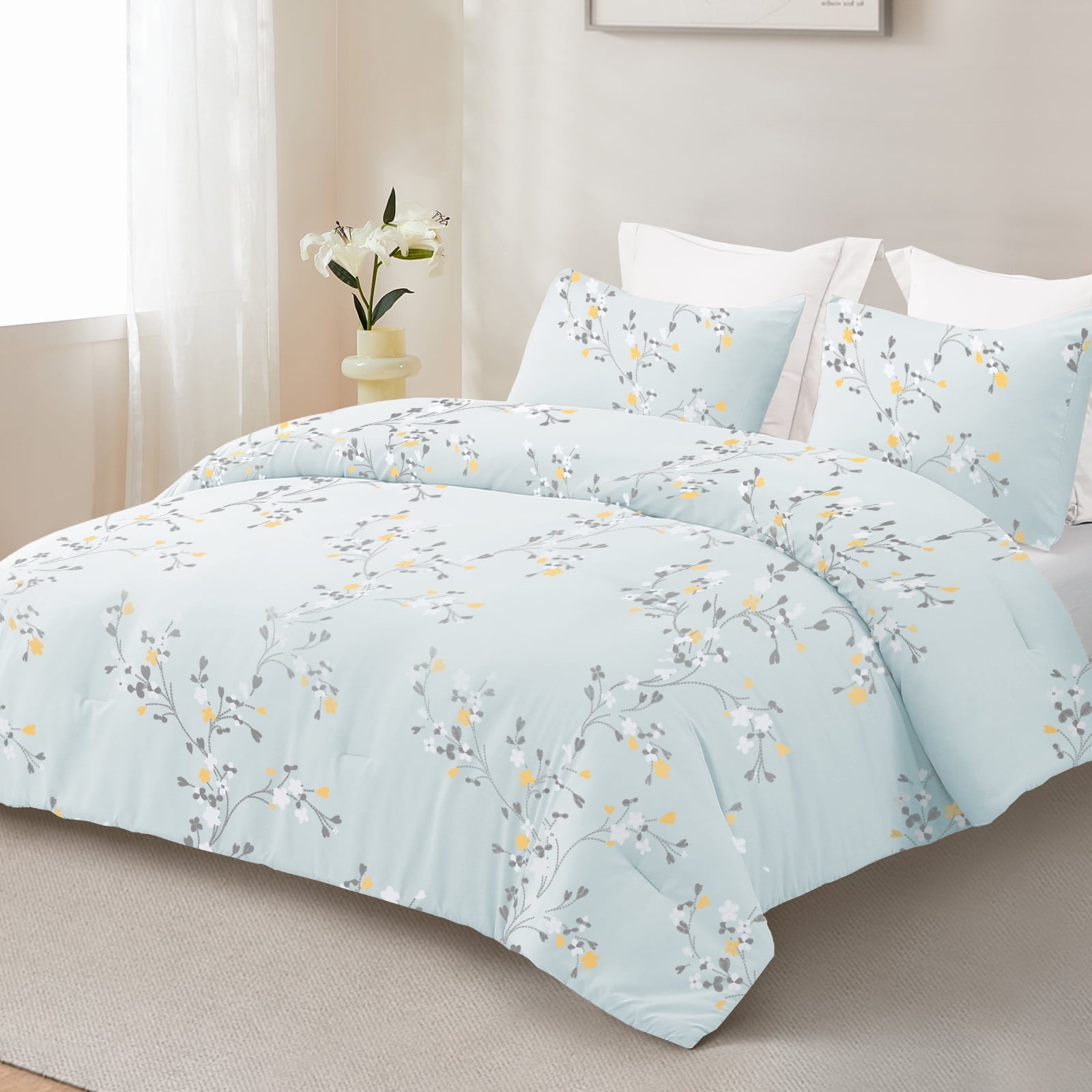 Fluffy Down Alternative 3-Piece Floral King Size Comforter Set, Microfiber Bedding Down Alternative Comforter for All Seasons with 2 Pillow S... - Hypoallergenic Ultra-Fluffy Quilt for Winter Detail