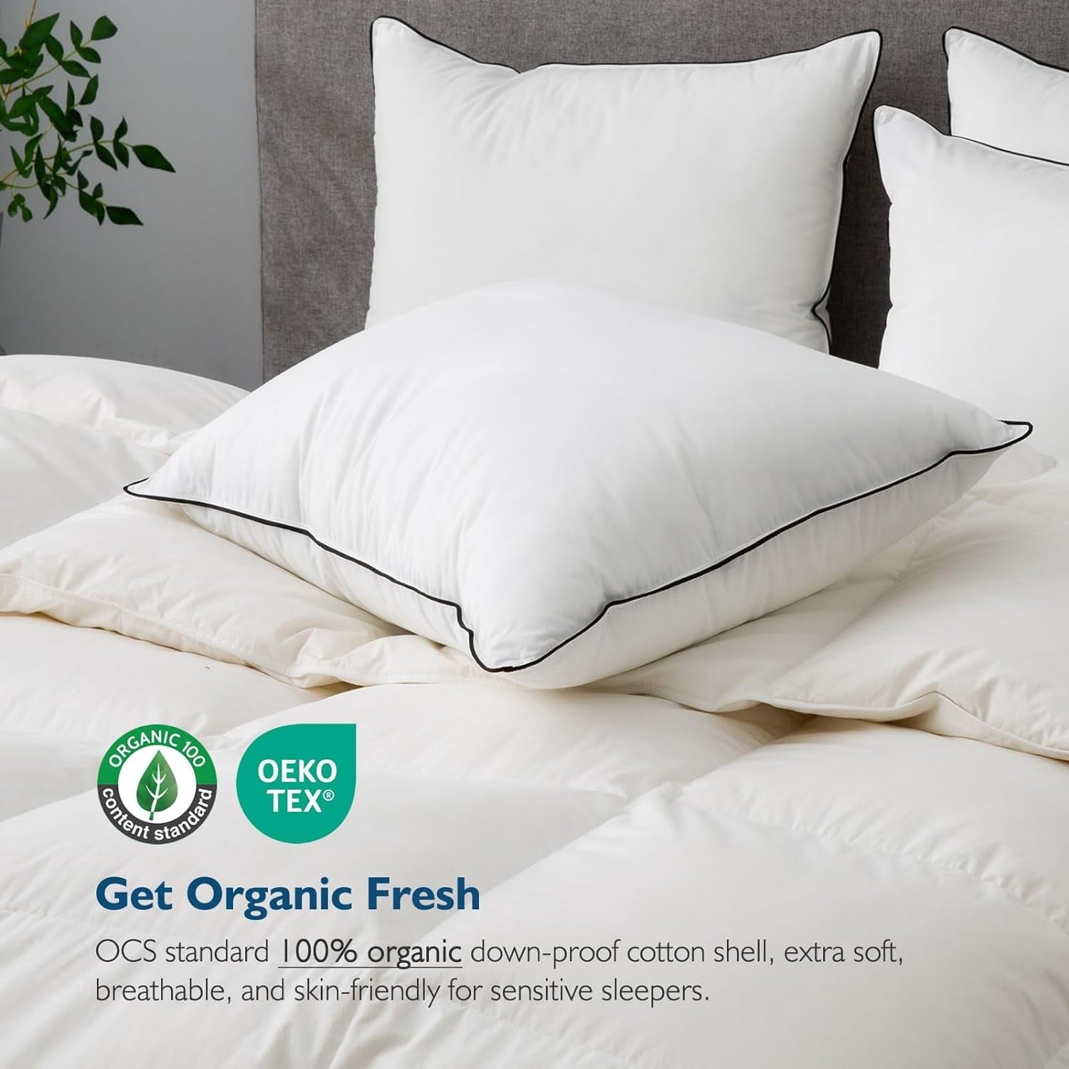 Ergonomic Memory Foam Hypoallergenic 3‑Chamber Goose Feather Down Core Bed Pillows, Standard Size Set of 2, With Microfiber Surround, Soft-... - Orthopedic Shredded Foam Bed Pillow Set Detail