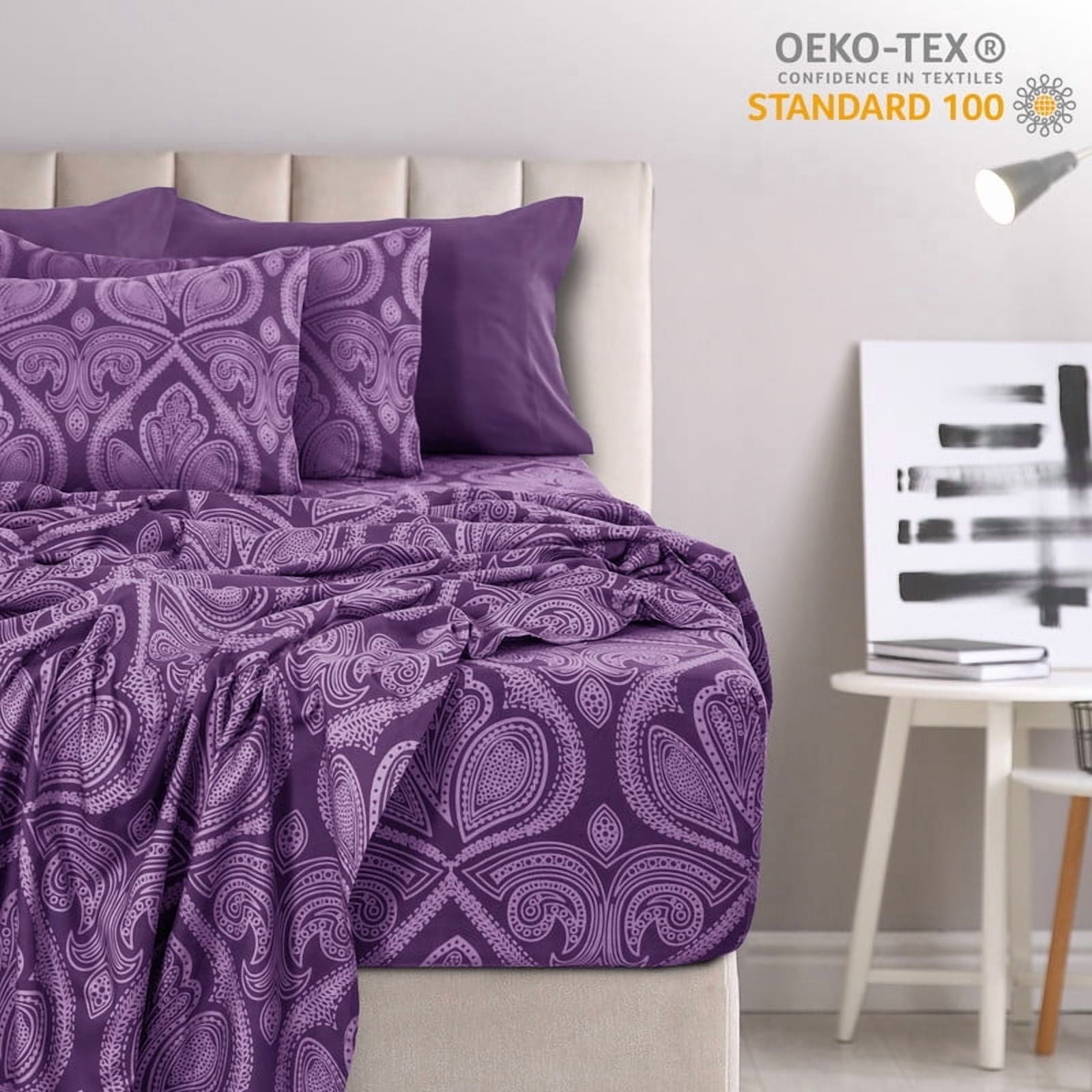 Wrinkle-Resistant Paisley Printed Queen Bed Sheets Set, Microfiber 6 Piece Bedding Set - Purple - Luxury Bed Sheet Set with Deep Pockets Detail