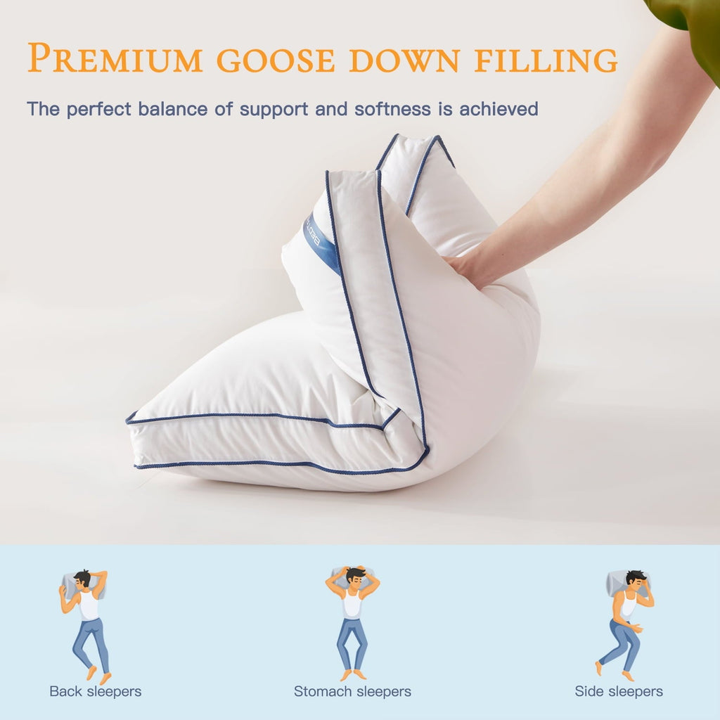 Ergonomic Memory Foam Goose Down Feather Pillows Queen Size Set of 2, Luxury Soft Hotel Quality pillows for Sleeping, Organic Cotton Cover ... - Hotel Quality Plush Sleeping Pillows Detail