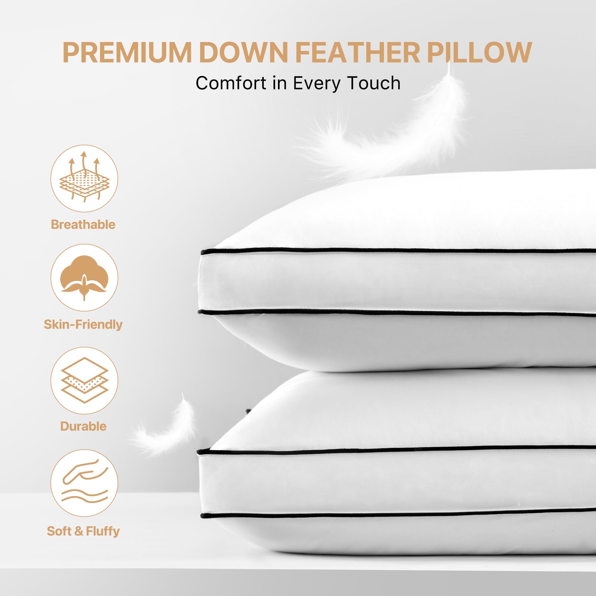 Hotel Collection Gusseted Feather Down Pillow Set of 2, Medium Firm Hotel Bed Pillows 2 Pack, Queen Size for Side Sleepers, 20 x 30 in - Ergonomic Memory Foam Pillow for Neck Pain Support Detail