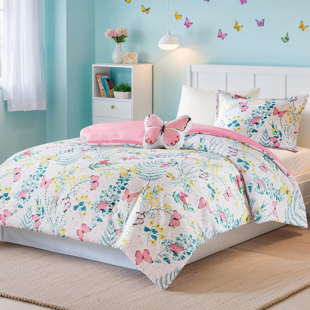Fluffy Down Alternative Full/Queen Size Comforter Sets, 4-Piece Kids Bedding Set for Girls, Butterfly Floral Comforter Bed Set, White/Pink - Luxurious Quilted Duvet Cover Set Detail
