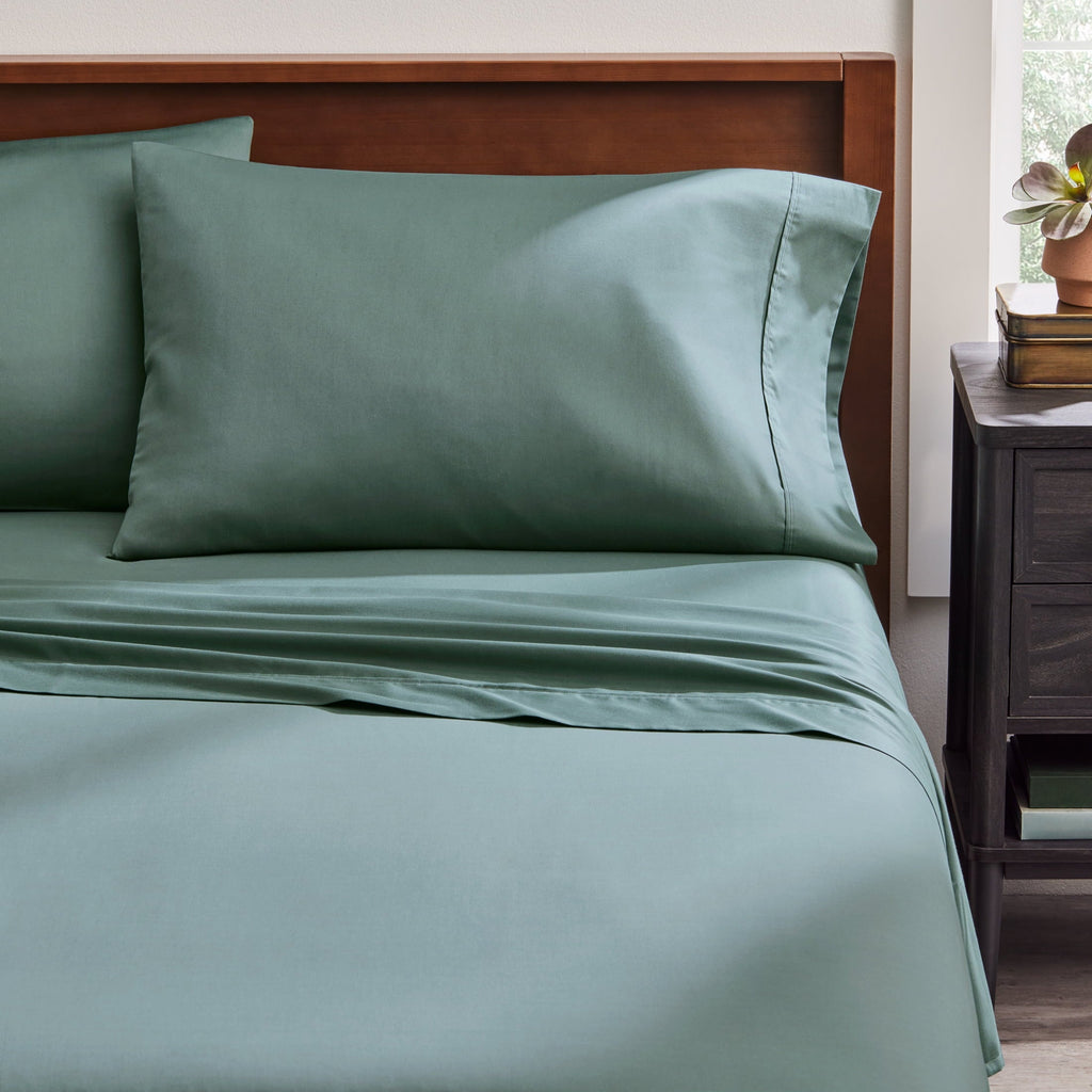 Cooling Sateen 4-Piece 300 Thread Count Green Ash Cotton Sateen Bed Sheet Set, Cali King - Luxury Bed Sheet Set with Deep Pockets Detail