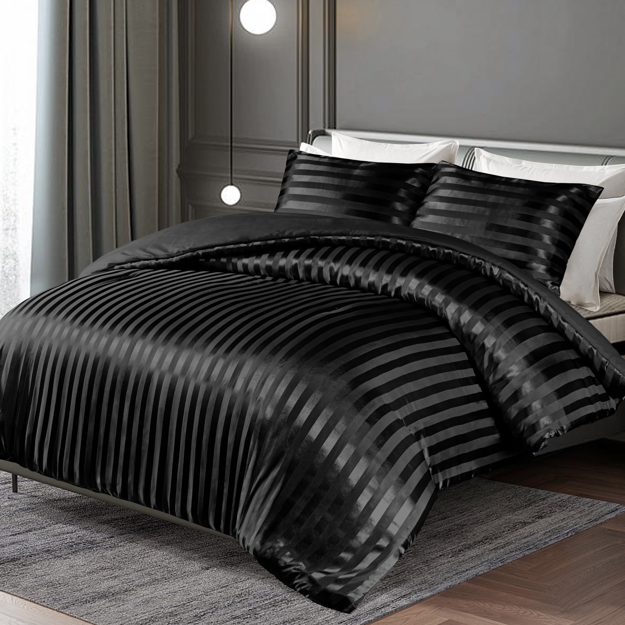 Fluffy Down Alternative 3-Piece Reversible Silky Soft King Size Comforter Set, Luxury Stripe Satin Oversized Comforter Bedding Set with 2 Sat... - All-Season Down Alternative Comforter Insert Detail