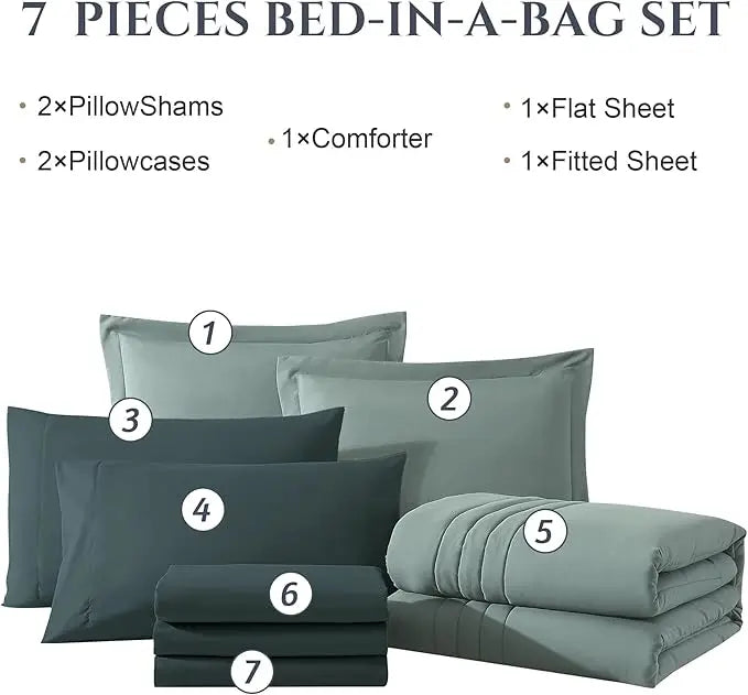 Hypoallergenic Cloud 7-piece Bed in a Bag Comforter Set with Sheets,Sage Green,Full - Luxurious Quilted Duvet Cover Set Detail