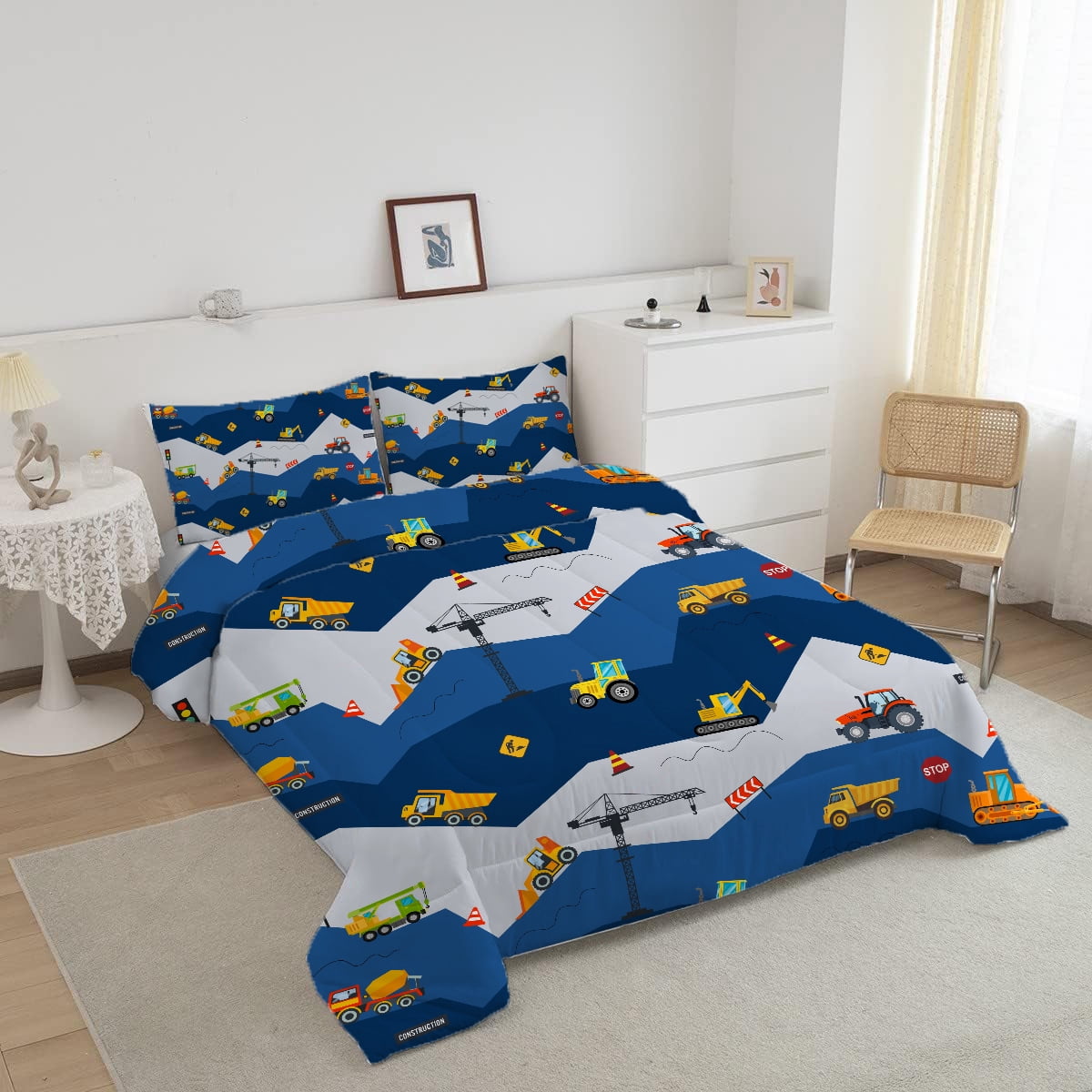 Luxurious Quilted Car Comforter Set Construction Bedding Set for Boys Kids Trucks Comforter Cartoon Car Excavator Tractor Blue 3Pcs Twin - Cloud-Like Soft Lightweight Bed Comforter Detail