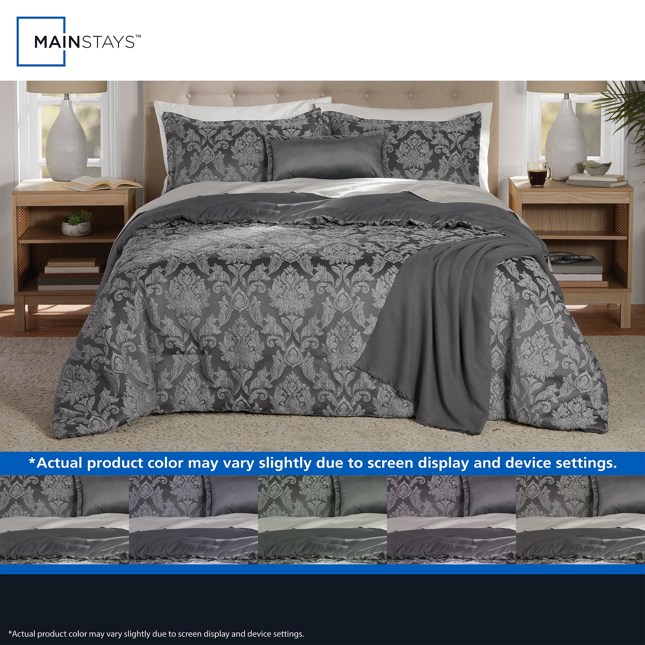 All-Season Full/Queen Comforter Set, All-Season, 5-Piece, Grey Jacquard Damask - Luxurious Quilted Duvet Cover Set Detail