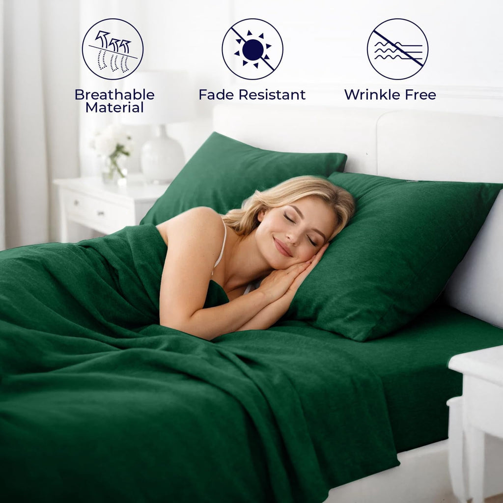 Wrinkle-Resistant Bed Sheet Set Twin 3 Piece Hunter Green Breathable Soft Cotton Jersey Sheets with Deep Pockets, Unisex - Luxury Bed Sheet Set with Deep Pockets Detail