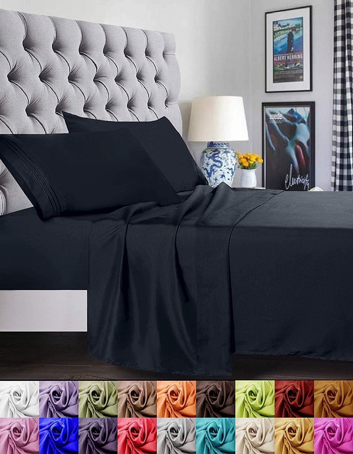 Ultra-Soft 1800 Series Microfiber Bed Sheets 6-Piece Set, Deep Pocket, Queen Black - Premium Ultra-Soft Pillowcase Pair for Sleeping Detail