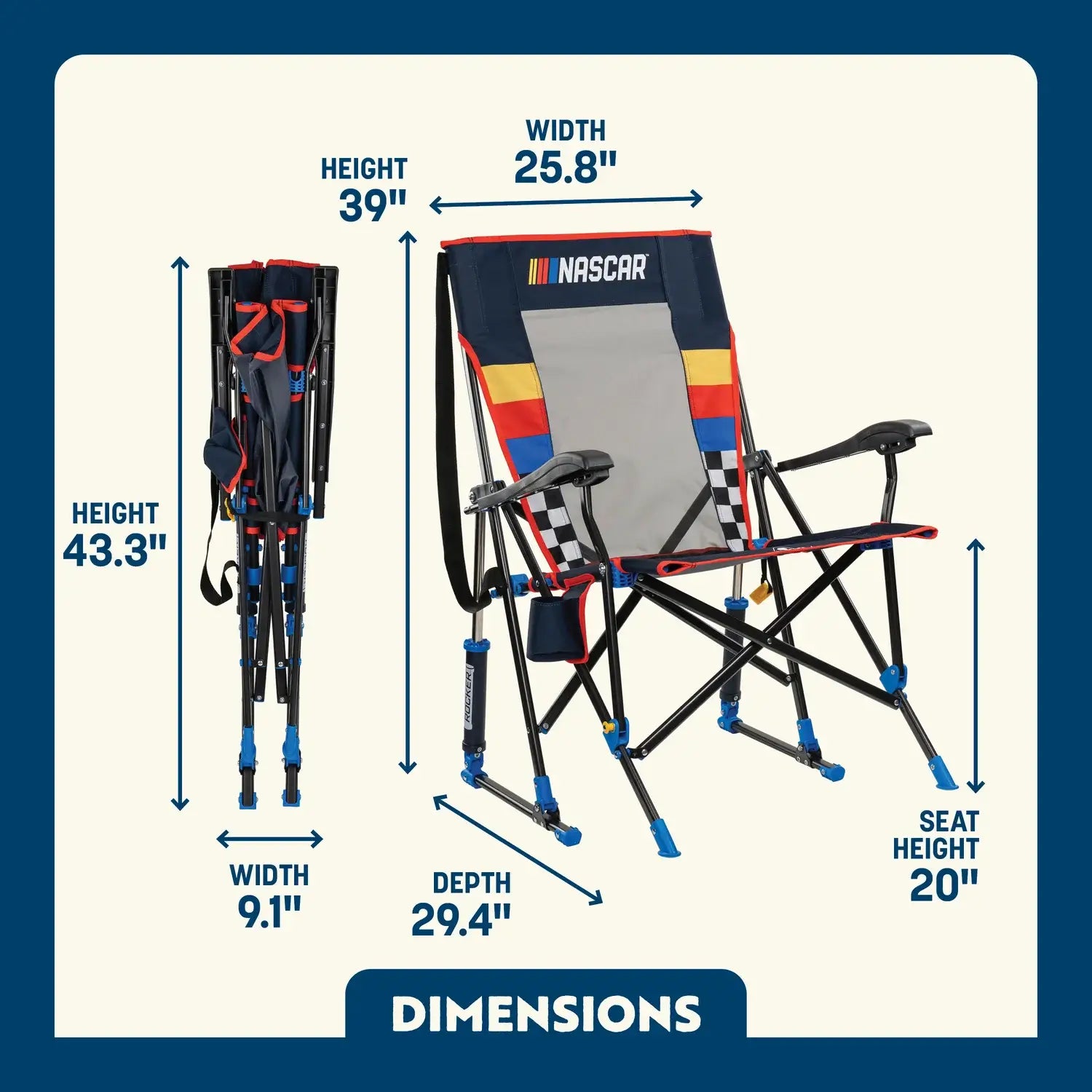 Luxury Camp RoadTrip Rocker - NASCAR For Him - Choice 453 - Heavy-Duty Kickback Rocker with Beverage Holder Detail