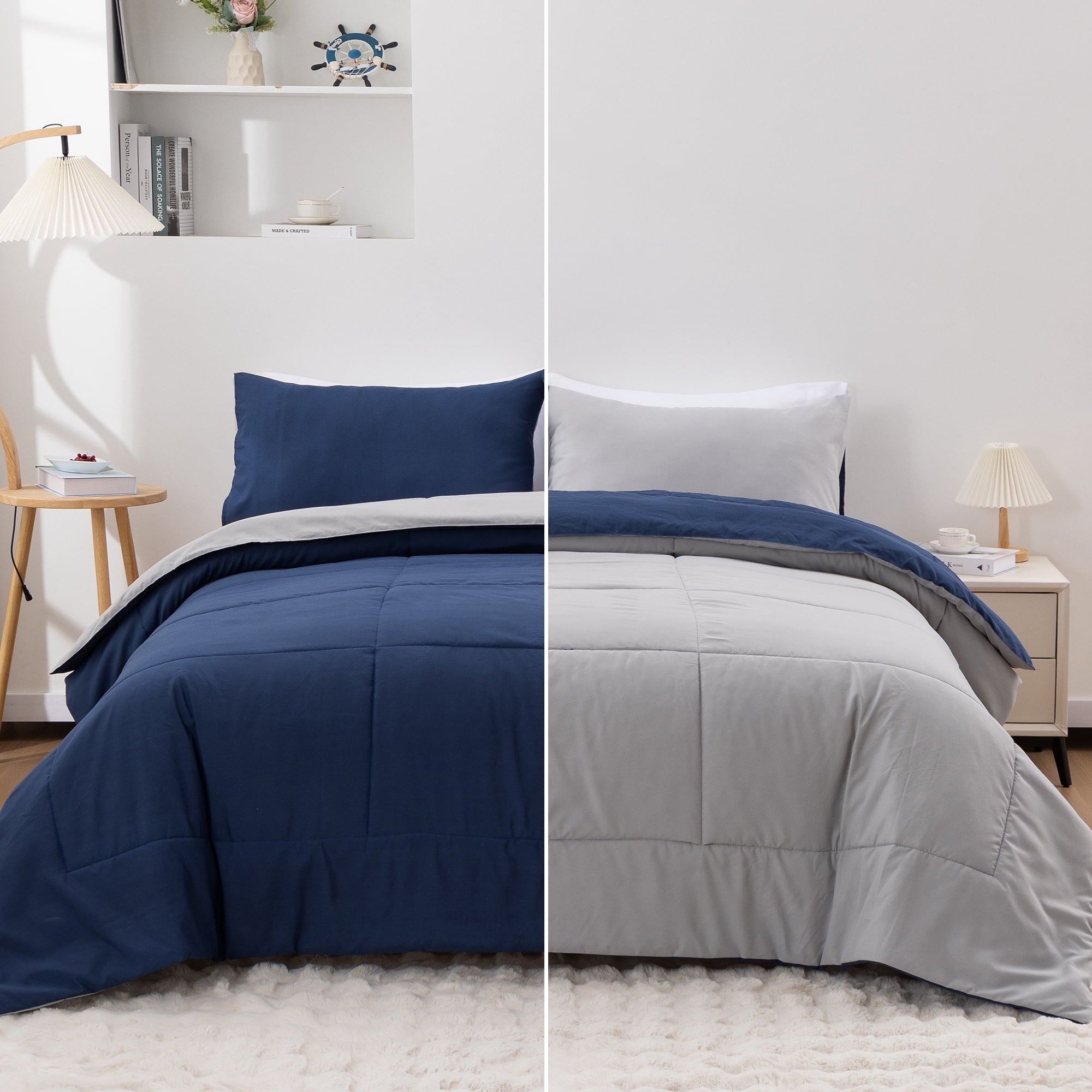 All-Season Queen Comforter Set All Season Reversible Bed Set with 2 Pillow Cases 3 Pieces Bedding Sets Down Alternative Blue/Gra... - Cloud-Like Soft Lightweight Bed Comforter - Default Title