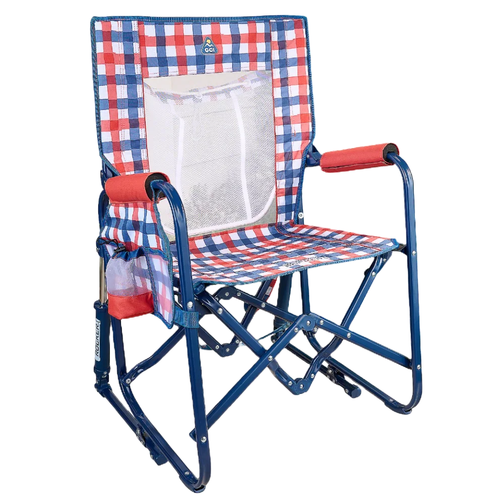 Premium All-Weather Stowaway Rocker with Storage Pouch - Choice 573 - Heavy-Duty Kickback Rocker with Beverage Holder - Patriotic Plaid