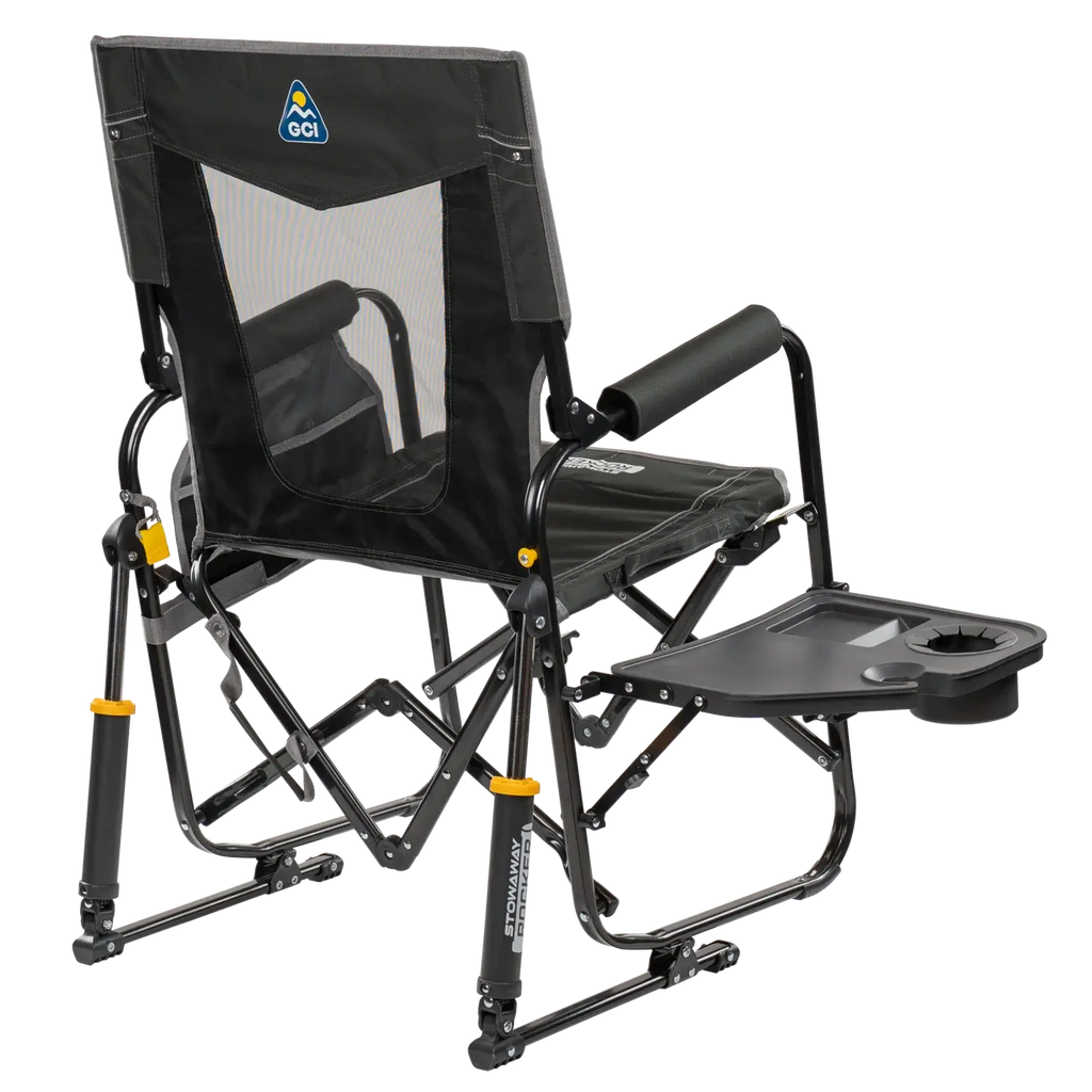 Luxury Camp Stowaway Rocker with Side Table - Choice 253 - Heavy-Duty Kickback Rocker with Beverage Holder Detail