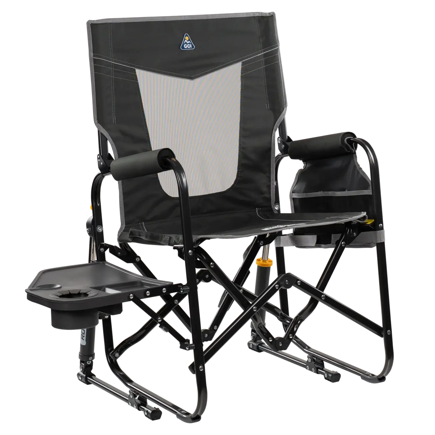 Luxury Camp Stowaway Rocker with Side Table - Choice 253 - Heavy-Duty Kickback Rocker with Beverage Holder - Dark Charcoal