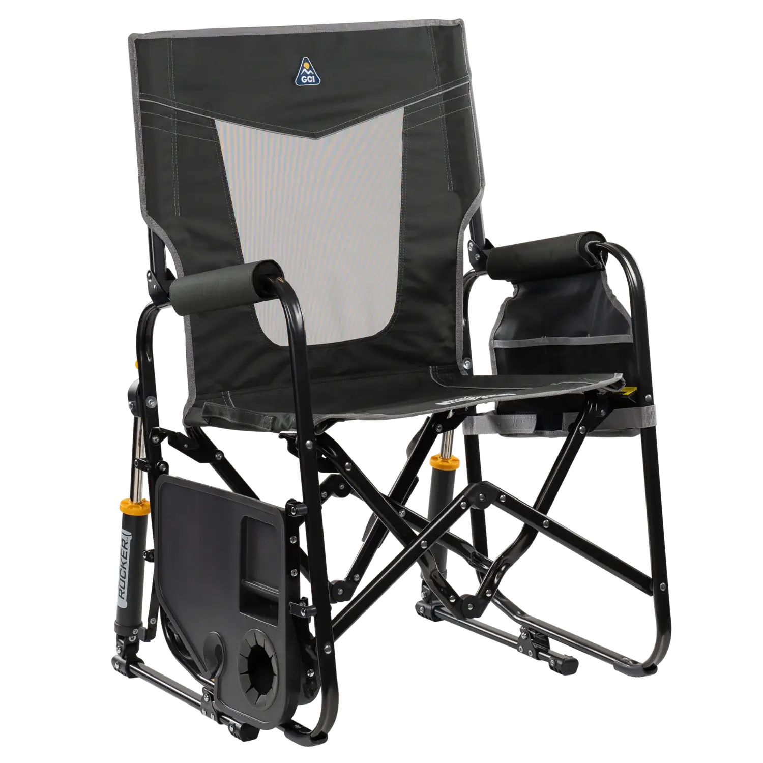 Luxury Camp Stowaway Rocker with Side Table - Choice 253 - Heavy-Duty Kickback Rocker with Beverage Holder Detail