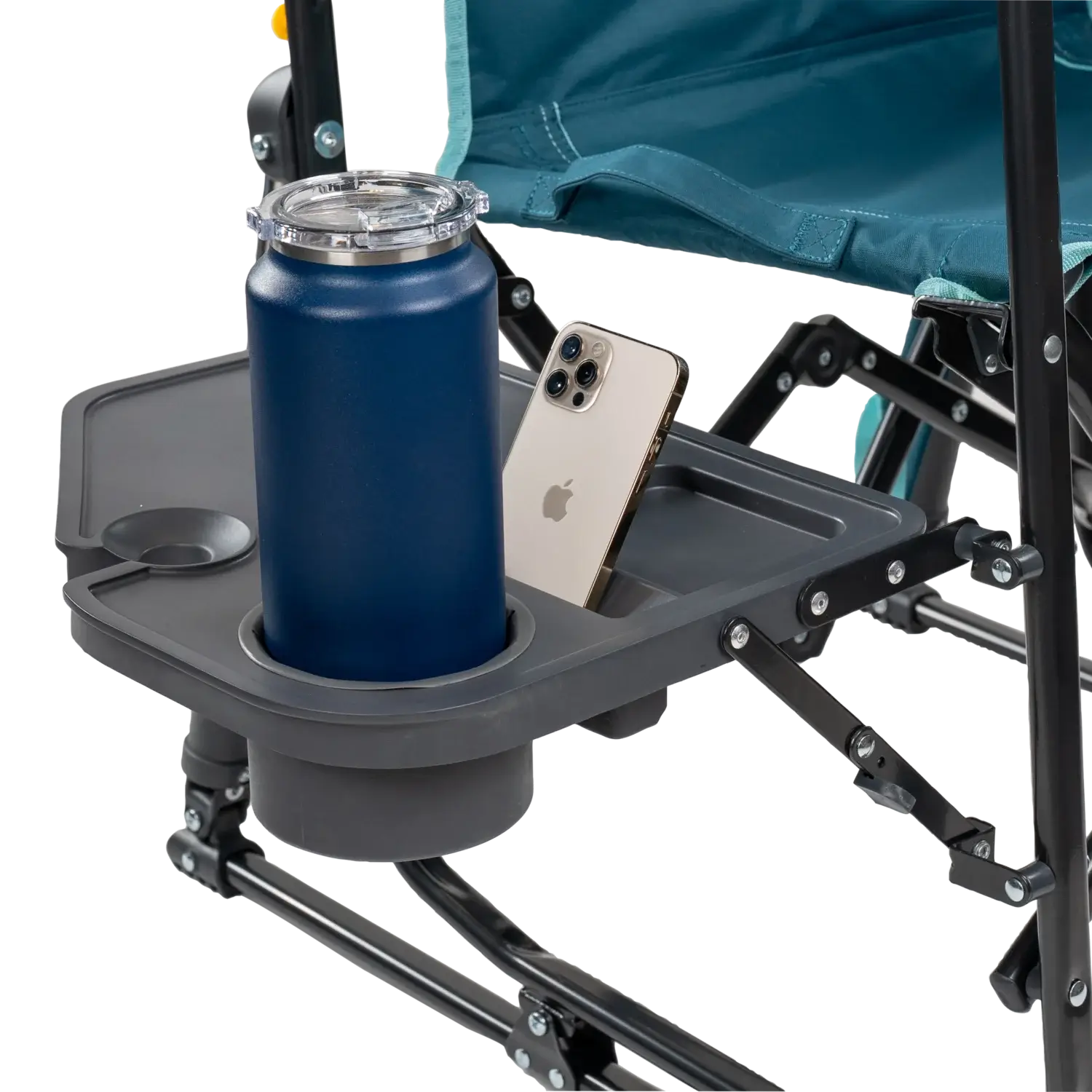 Luxury Camp Stowaway Rocker with Side Table - Choice 253 - Heavy-Duty Kickback Rocker with Beverage Holder Detail