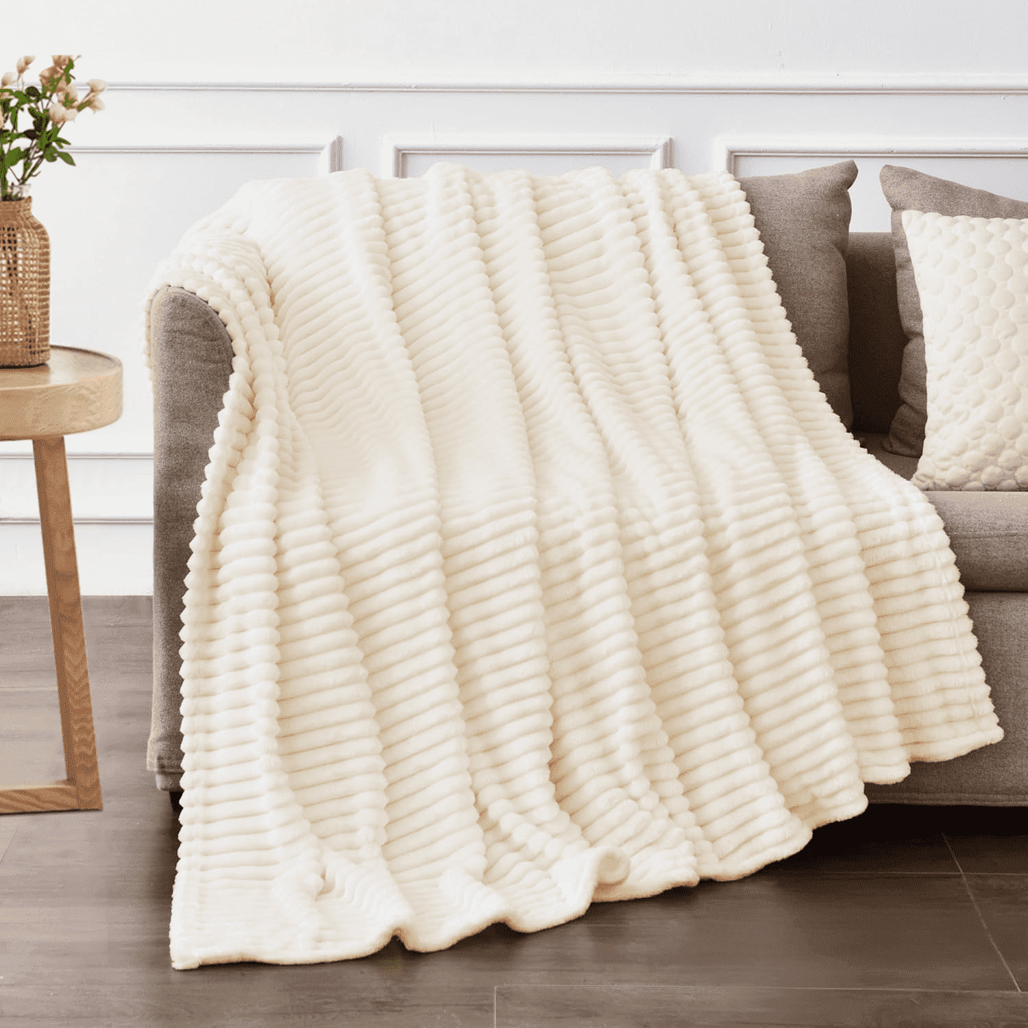 Reversible Sherpa Throw Size Blanket for Couch, Sofa, Bed, Striped Beige Throw Blanket for Office Picnic Travel Bedroom, Super Soft War... - Luxury Knitted Decorative Throw Blanket with Fringes - Default Title