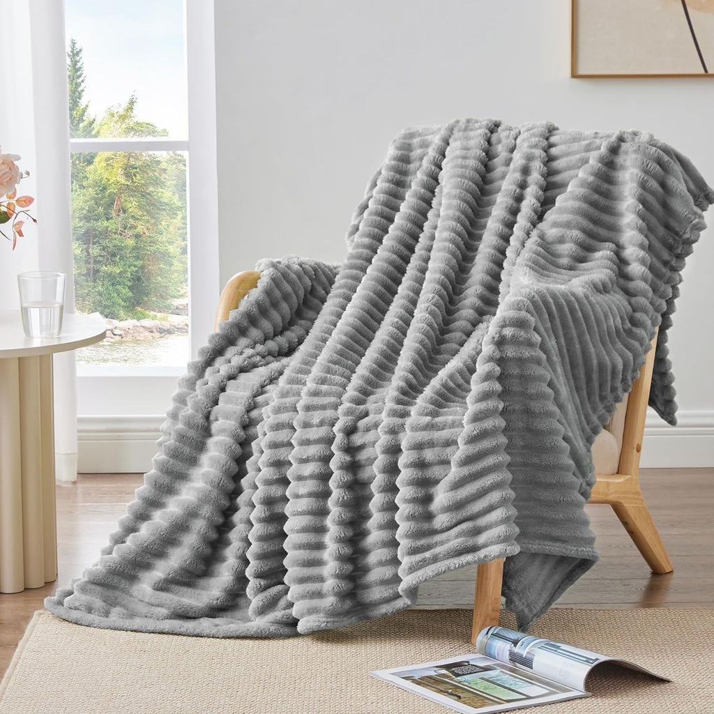 Reversible Sherpa for Couch,Sofa,Bed, Super Soft Striped Gray Bed for Office Picnic Travel Bedroom, Warm Cozy Lightweight Home Decor fo... - Luxury Knitted Decorative Throw Blanket with Fringes - Default Title
